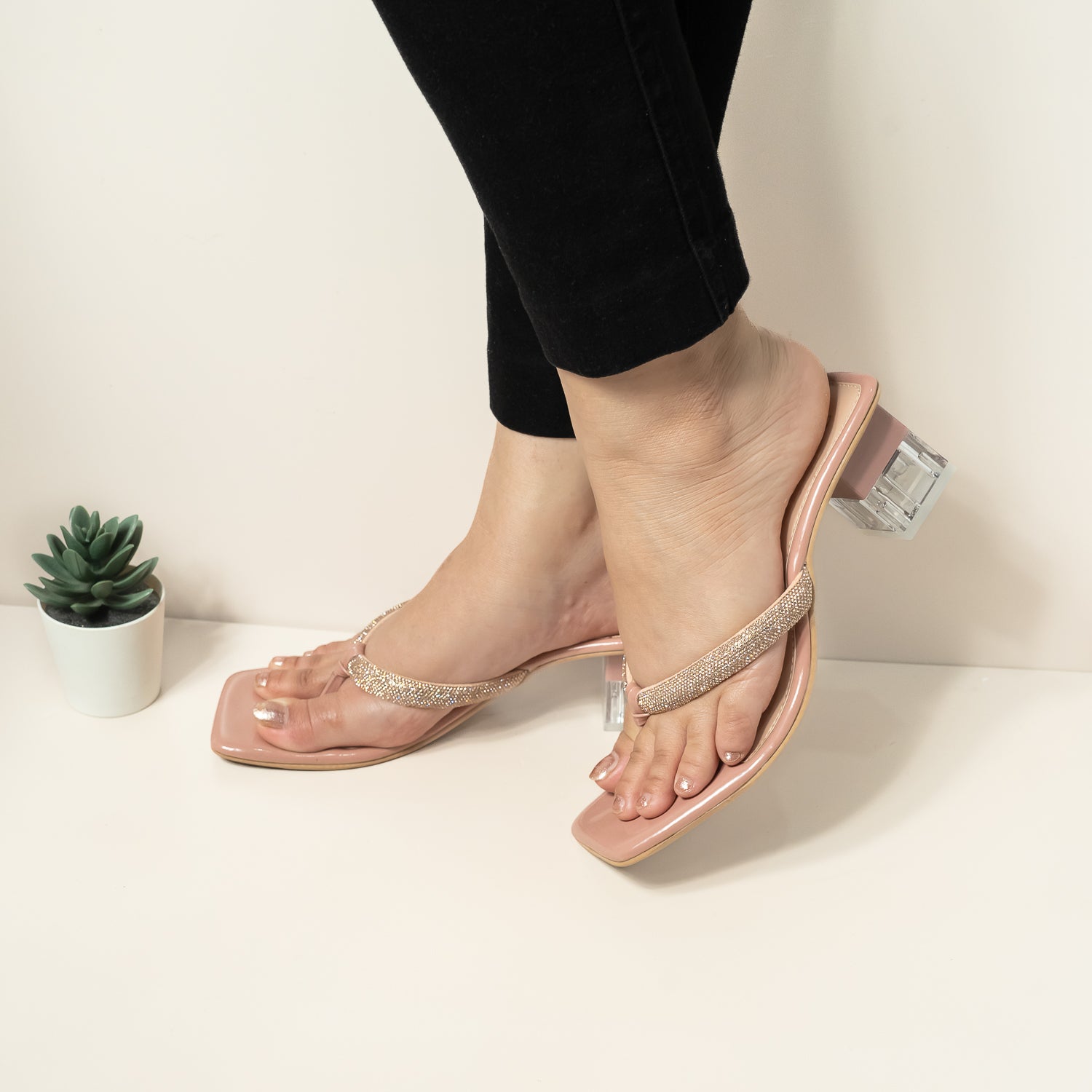 Embellished Thong-Strap Chunky Heeled Sandals